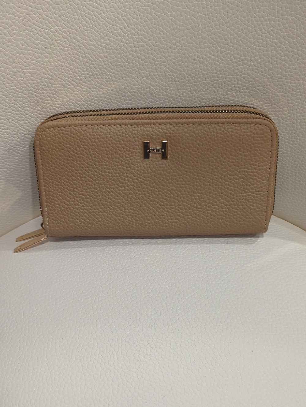 H by Halston Pebbled Taupe Zip-Around Wallet with Gold H Logo
